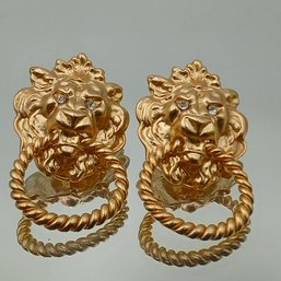 Vintage Gold-Tone Lion Head Door Knocker Clip-On Earrings