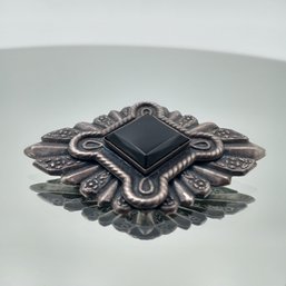 Vintage Gothic Revival Silver-Tone Brooch With Faceted Black Onyx-Style Stone