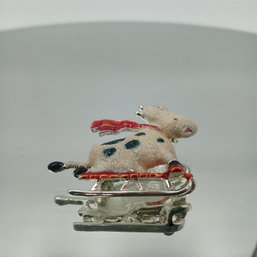 Whimsical Glittery Cow On Sled Silver-Tone Holiday Brooch