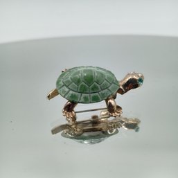 Vintage Enameled Turtle Brooch With Rhinestone Eye