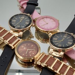 Lot Of 4 Womens Quartz Watches - Gold Tone, Leather & Link Bands - Black, Pink, Brown