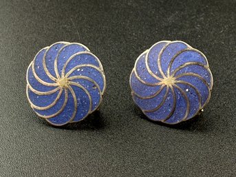Vintage Sterling Silver Blue Enamel Swirl Screw Back Earrings Mid Century Modern