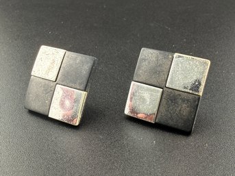 Vintage Sterling Silver Square Clip Earrings Modernist Brutalist Two Tone Design