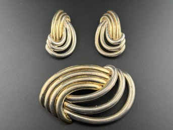 Vintage Sterling Silver Two Tone Knot Brooch & Earrings Set Mid Century Modern 925