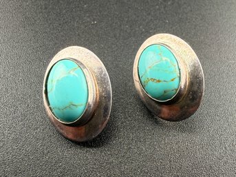 Vintage Sterling Silver Oval Turquoise Cabochon Stud Earrings With Matrix
