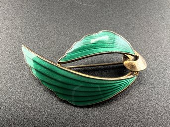 Vintage Hans Christian Schullin Style Green Guilloch Enamel & 925 Sterling Silver Leaf Brooch