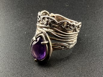 Vintage Israeli 925 Sterling Silver Amethyst Statement Ring  Size 7