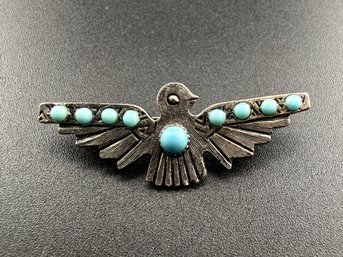 Vintage Silver-Tone Thunderbird Brooch With Faux Turquoise Cabochons