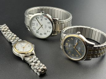 Trio Of Vintage Timex Indiglo Wristwatches With Stainless Steel Expansion And Link Bands