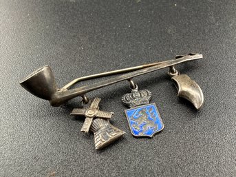 Vintage Dutch Silver .830 Charm Brooch With Enamel Coat Of Arms