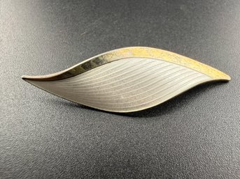 Vintage Hermann Schlevogt Mid-Century Sterling Silver & White Guilloch Enamel Leaf Brooch