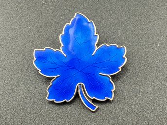 Vintage Meka Denmark Blue Guilloch Enamel Sterling Silver Maple Leaf Brooch