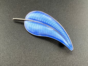 Vintage Volmer Bahner Danish Sterling Silver & Blue Guilloch Enamel Leaf Brooch