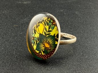 Vintage Sterling Silver Adjustable Bypass Ring With Oval Floral Fabric Cabochon, Size 7.5