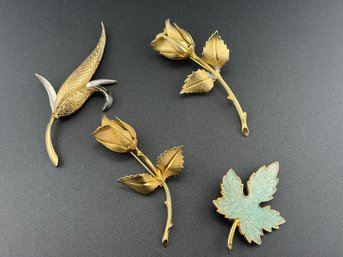 Vintage Giovanni Gold-Tone Rose And Leaf Brooch Collection (4 Pieces)