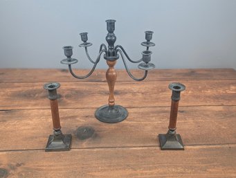 Wood And Silver Plated Candelabra And 2 Matching Candle Sticks