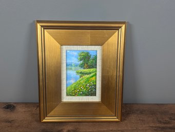 Small Landscape Water Scene Painting In Gold Plein Air Frame 10' X  12'