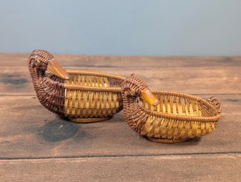 Pair Of 2 Woven Wicker Duck Baskets