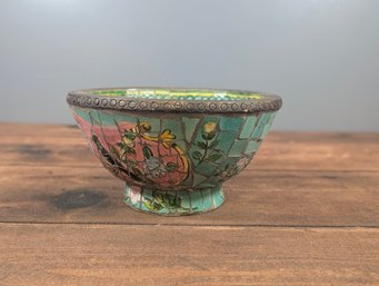 MOSAIC PEDESTAL BOWL - Blue/Pink Mosaic Tile Pedestal Bowl With Floral And Bird Motif