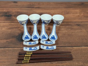 Hand-Painted Chinese Porcelain Rice Spoons Set Sake Cups And Chopsticks