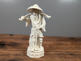 Chinese White Porcelain Farmer With Hat Carrying Yoke Statue 12'