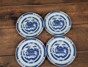 BLUE AND WHITE CANTON DINNER PLATES SET OF 4 WITH 9 1/4' DIAMETER CHINESE MARK