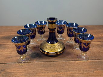 8 Arte Italica Medici Cobalt Blue Gold Gilded Crystal Glass Goblets 24K & Decanter