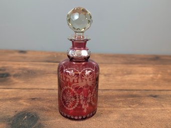 BOHEMIAN CRANBERRY CUT TO CLEAR CRYSTAL DECANTER FINE CZECHOSLOVAKIA