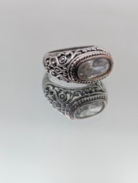 Vintage Silver Tone Filigree Oval Clear Stone Ring - Size 8