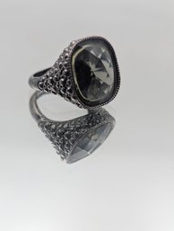 Brutalist Silver Tone Bubbled Cushion Cut Smoky Stone Ring - Size 8.25