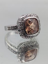Park Lane Silver Tone Cushion Cut Champagne Stone Halo Ring - Size 8
