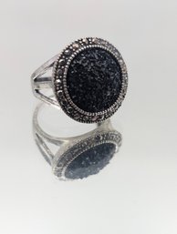 Silver Tone Black Druzy Marcasite Style Halo Statement Ring - Size 8.5
