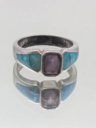 Sterling Silver Blue Opal Inlay & Amethyst Ring - 925 CO Stamped