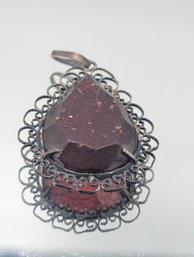Vintage Filigree Cherry Amber Pear-Shaped Pendant  Ornate Sterling Silver Frame