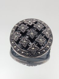 Vintage Sterling Silver Marcasite & Black Onyx Openwork Floral Brooch