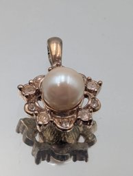 Gold Tone Pearl Flower Pendant  Ornate Starburst Halo With Clear Stones