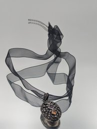 Sterling Silver Marcasite Oval Locket On Black Ribbon Choker