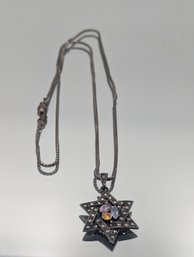 Vintage 925 Sterling Silver Marcasite Star Of David Necklace With Multi-Gems