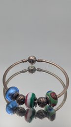 Authentic Pandora Sterling Silver Bangle Bracelet With Murano Glass Charms