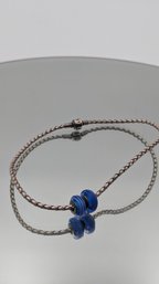 Authentic Pandora Grey Braided Leather Bracelet With 2 Blue Murano Glass Charms  7'
