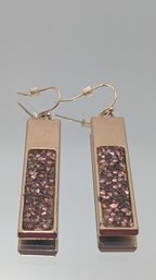 Gold-Tone Rectangular Bar Drop Earrings With Purple Druzy Crystal Inlay