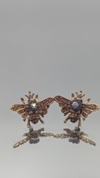 Gold Tone Crowned Bee Stud Earrings With Mauve Crystals