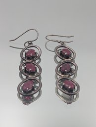 Vintage 925 Sterling Silver Triple Oval Ruby Dangle Earrings