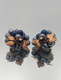 Vintage Blue Pearl Cluster Floral Clip On Earrings