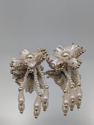 Vintage Faux Pearl Flower Clip-On Earrings With Beaded Tassel Dangle