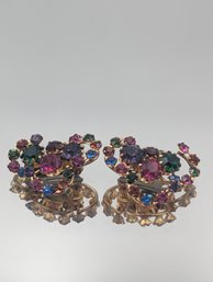 Vintage Multi-Color Rhinestone Cluster Clip-On Earrings - Gold-Tone