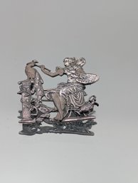 Antique Victorian 925 Silver Figural Brooch  Classical Lady With Bird & Lyre Scenic Pin