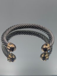 Silver Tone Cable Cuff Bracelet W/ Gold-Tone Ends & Crystal Accents
