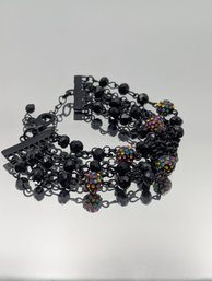 Black Metal Layered Chain Bracelet Multi-Color Rhinestone Bead Statement