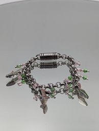 Silver-Tone High-Heel Charm Bracelet With Pink And Green Crystals